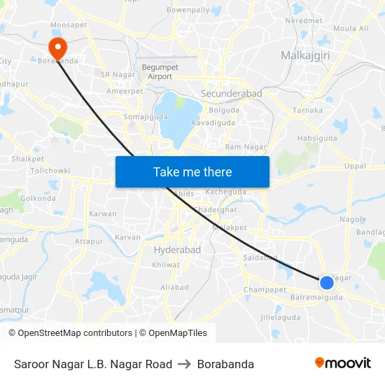 Saroor Nagar L.B. Nagar Road to Borabanda map