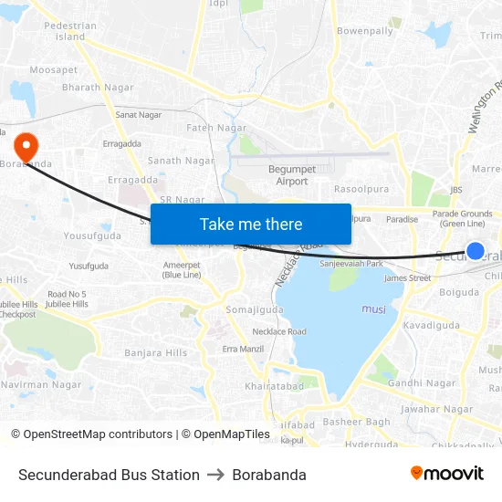 Secunderabad Bus Station to Borabanda map