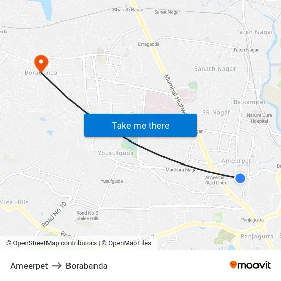 Ameerpet to Borabanda map