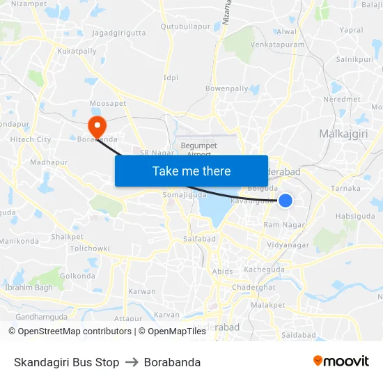 Skandagiri Bus Stop to Borabanda map