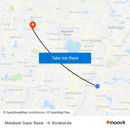 Malakpet Super Bazar to Borabanda map