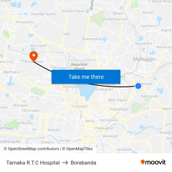 Tarnaka R.T.C Hospital to Borabanda map