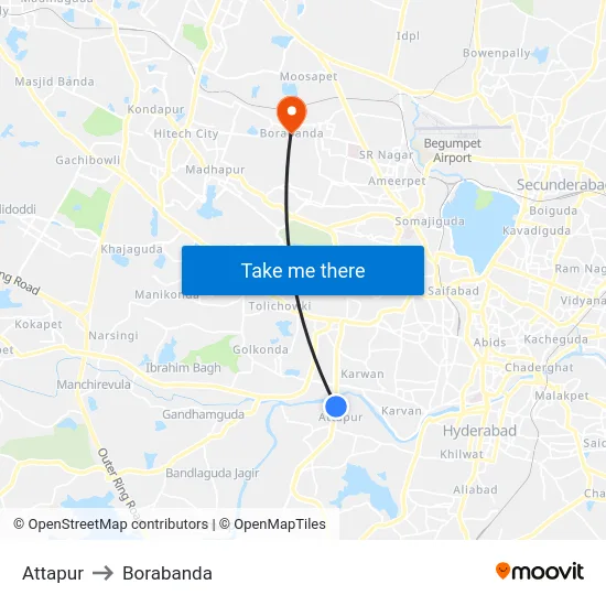 Attapur to Borabanda map
