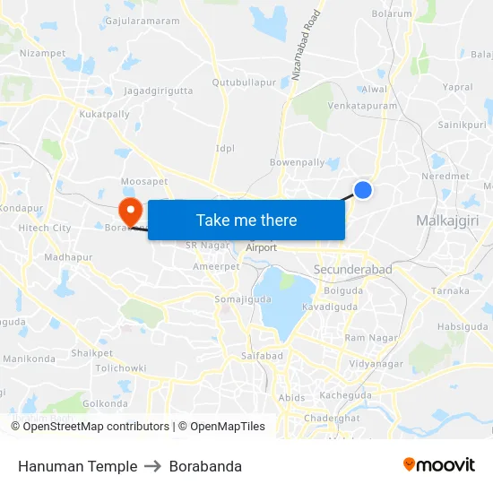Hanuman Temple to Borabanda map