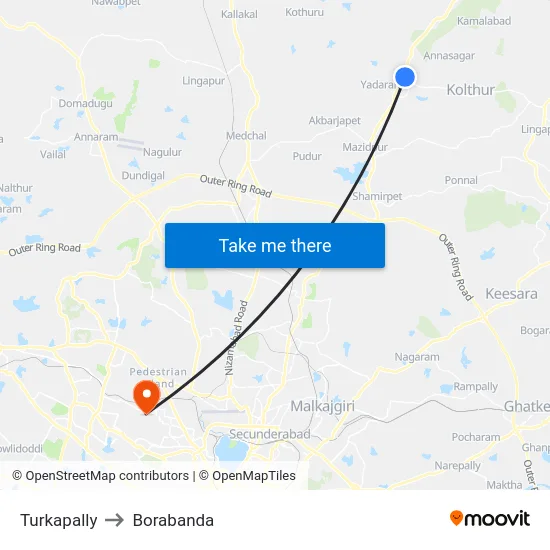 Turkapally to Borabanda map