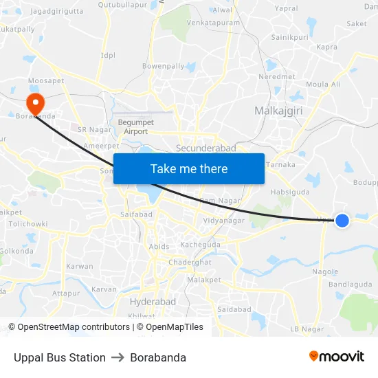 Uppal Bus Station to Borabanda map