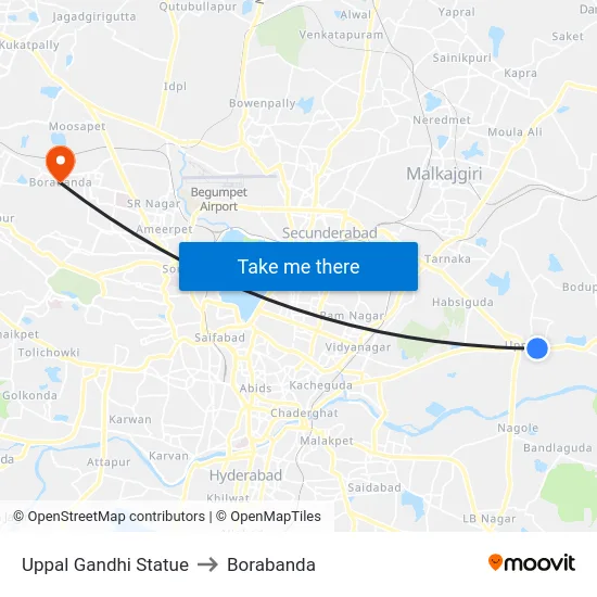 Uppal Gandhi Statue to Borabanda map