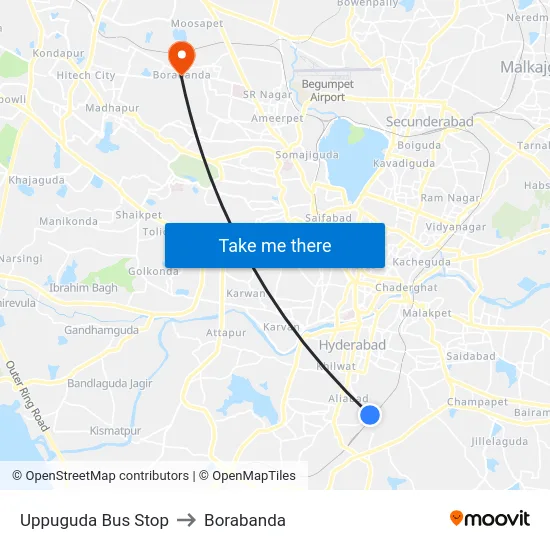 Uppuguda Bus Stop to Borabanda map
