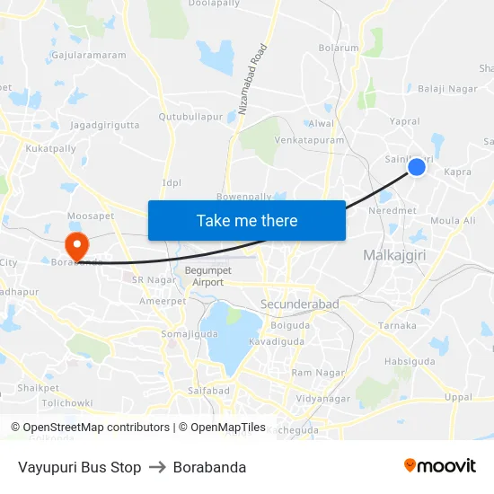 Vayupuri Bus Stop to Borabanda map