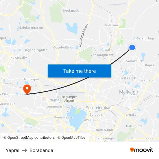 Yapral to Borabanda map