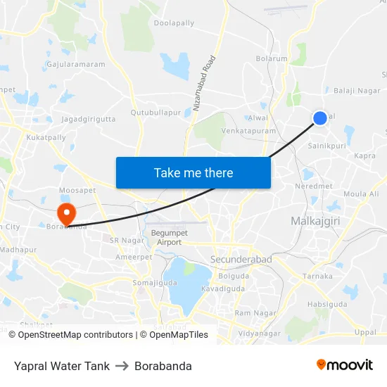 Yapral Water Tank to Borabanda map