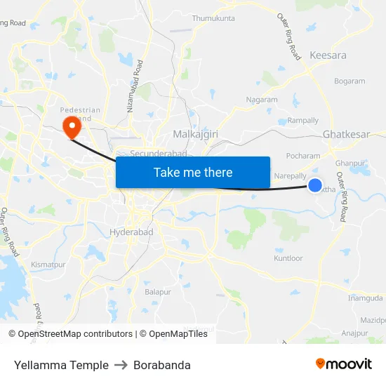 Yellamma Temple to Borabanda map