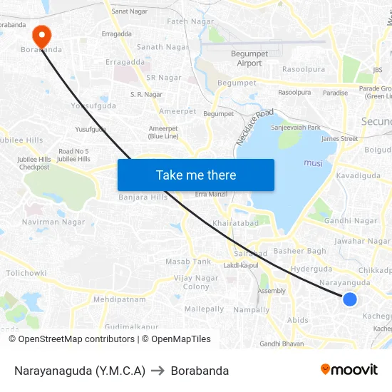 Narayanaguda (Y.M.C.A) to Borabanda map