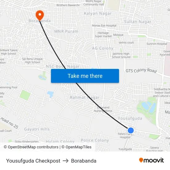 Yousufguda Checkpost to Borabanda map