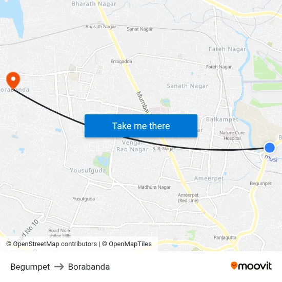 Begumpet to Borabanda map