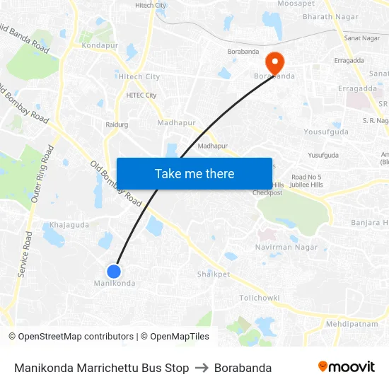 Manikonda Marrichettu Bus Stop to Borabanda map