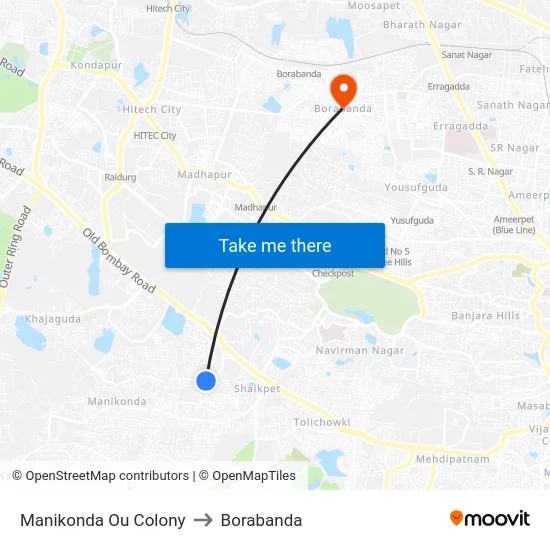 Manikonda Ou Colony to Borabanda map