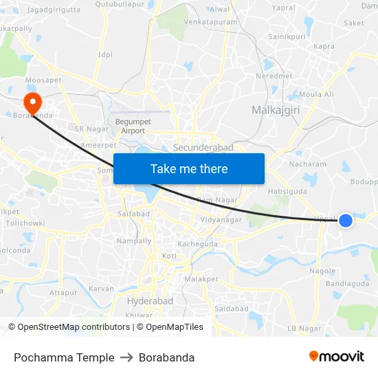 Pochamma Temple to Borabanda map