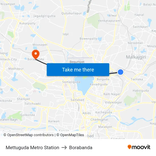 Mettuguda Metro Station to Borabanda map
