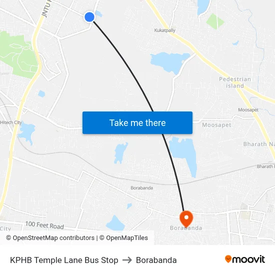 KPHB Temple Lane Bus Stop to Borabanda map
