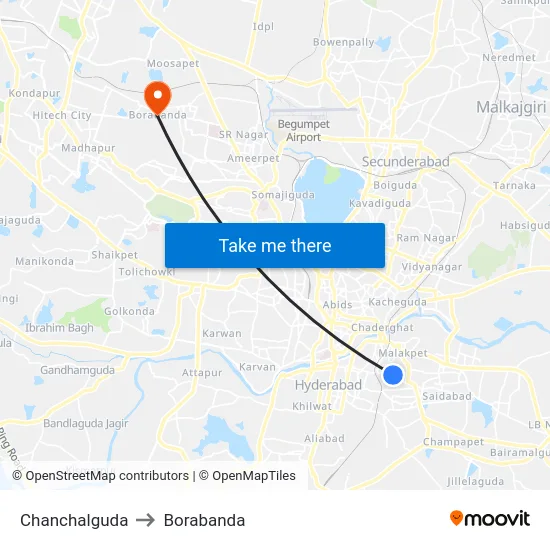 Chanchalguda to Borabanda map