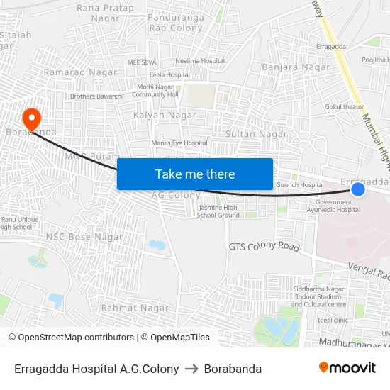 Erragadda Hospital A.G.Colony to Borabanda map