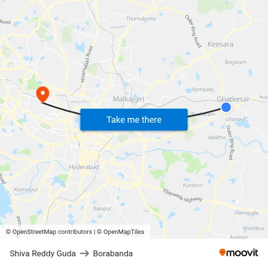 Shiva Reddy Guda to Borabanda map