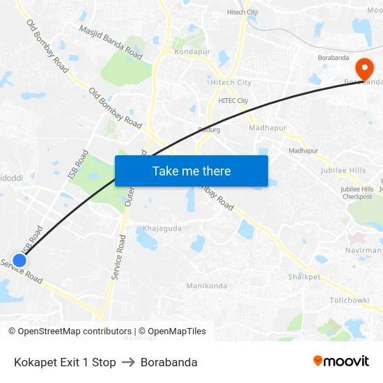 Kokapet Exit 1 Stop to Borabanda map