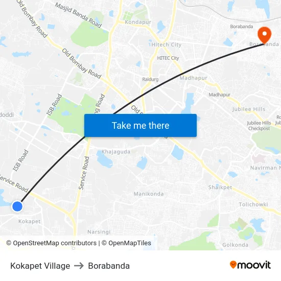Kokapet Village to Borabanda map
