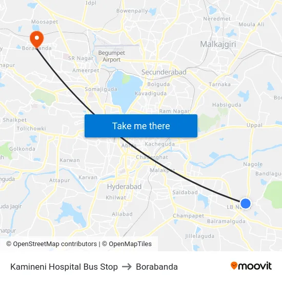 Kamineni Hospital Bus Stop to Borabanda map