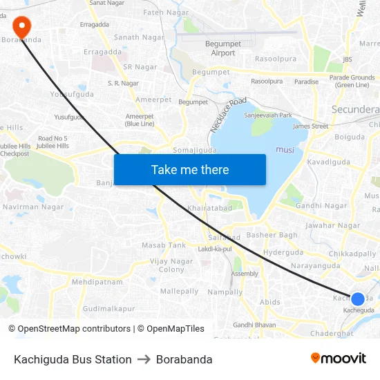 Kachiguda Bus Station to Borabanda map
