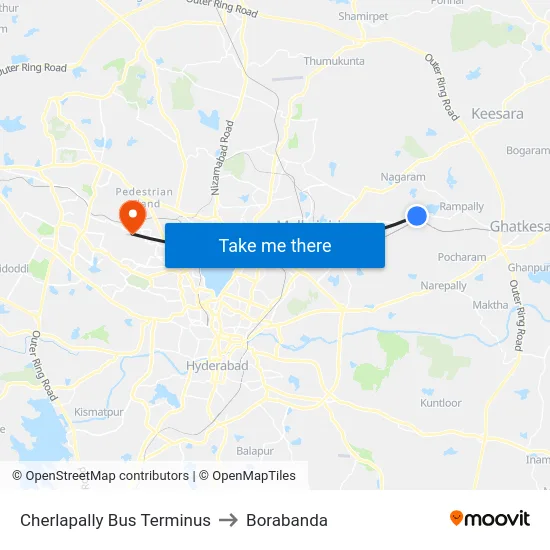 Cherlapally Bus Terminus to Borabanda map