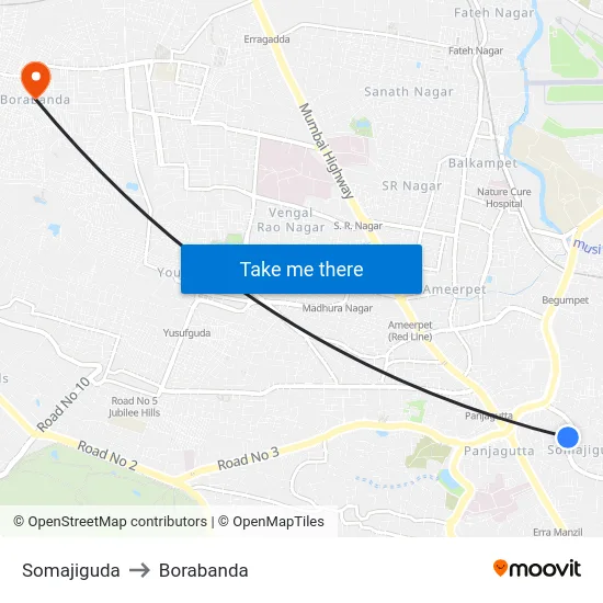 Somajiguda to Borabanda map