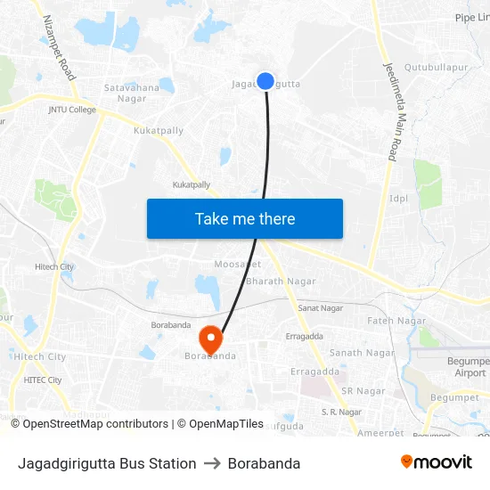 Jagadgirigutta Bus Station to Borabanda map