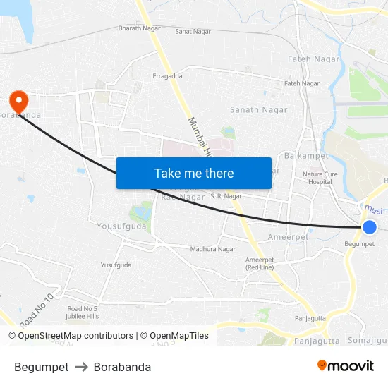 Begumpet to Borabanda map