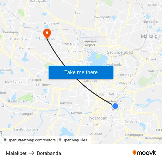 Malakpet to Borabanda map