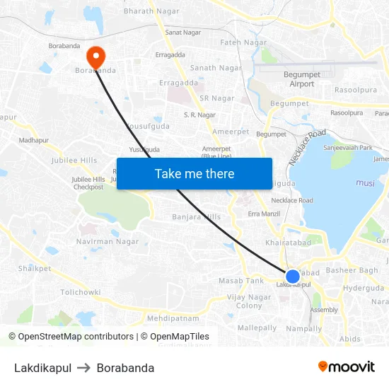 Lakdikapul to Borabanda map