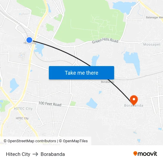 Hitech City to Borabanda map
