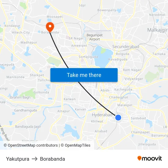 Yakutpura to Borabanda map