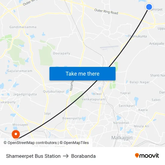 Shameerpet Bus Station to Borabanda map