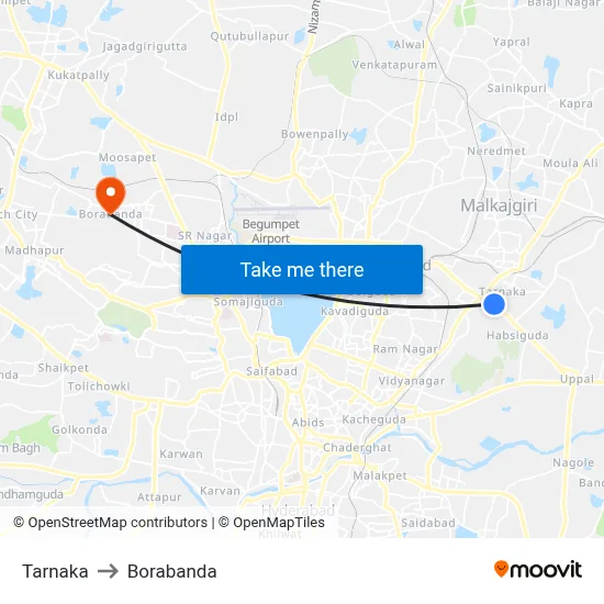 Tarnaka to Borabanda map