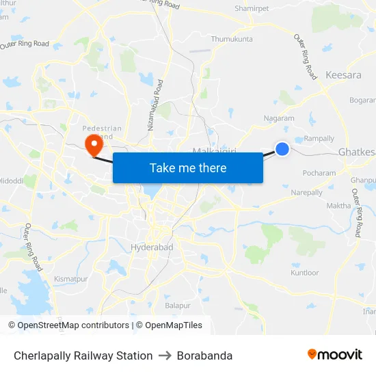 Cherlapally Railway Station to Borabanda map