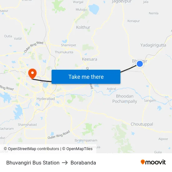 Bhuvangiri Bus Station to Borabanda map