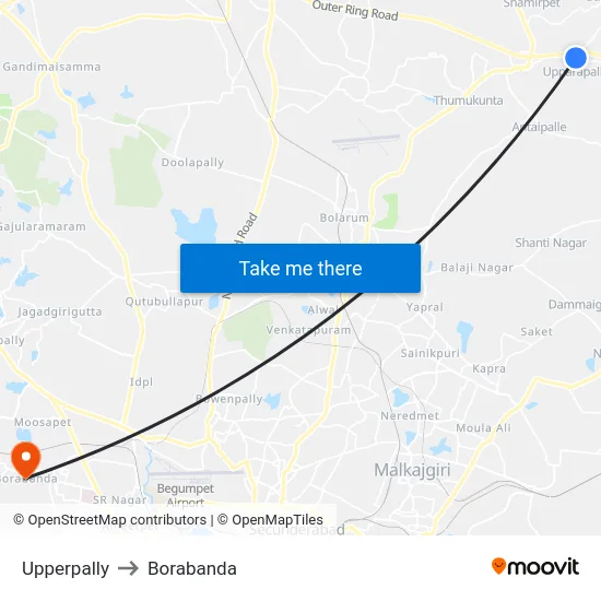 Upperpally to Borabanda map