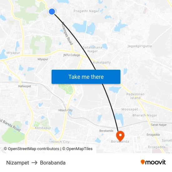 Nizampet to Borabanda map