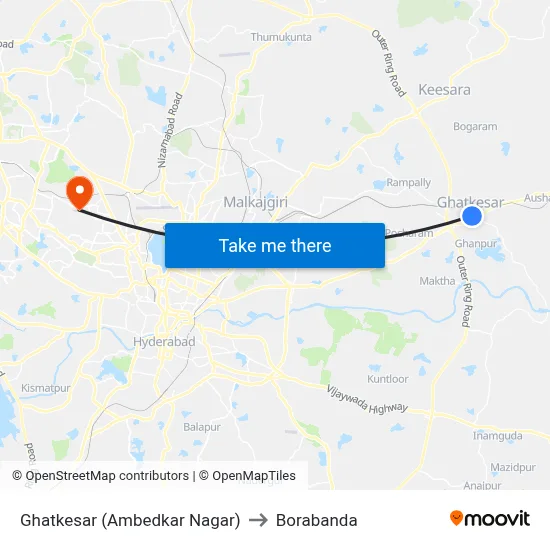 Ghatkesar (Ambedkar Nagar) to Borabanda map