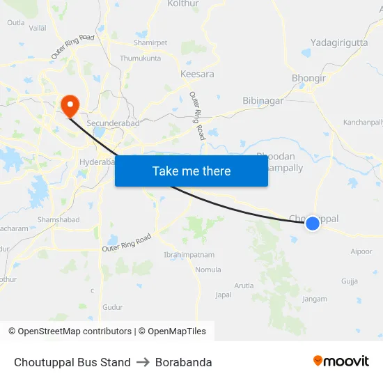 Choutuppal Bus Stand to Borabanda map