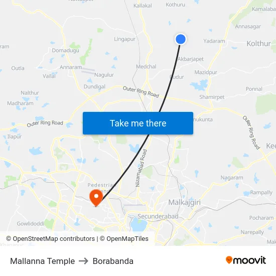 Mallanna Temple to Borabanda map