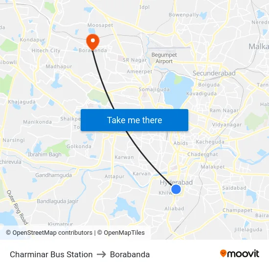Charminar Bus Station to Borabanda map