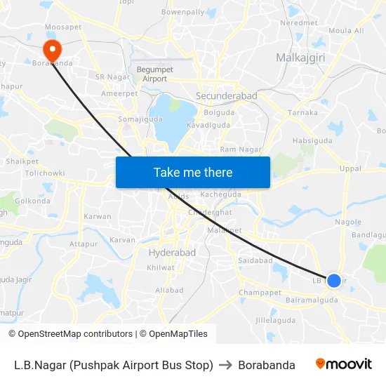 L.B.Nagar (Pushpak Airport Bus Stop) to Borabanda map